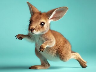 Playful baby kangaroo hopping on a solid light blue background, energetic and fun