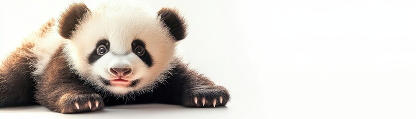 Playful baby panda rolling on a solid white background, fun and cuddly