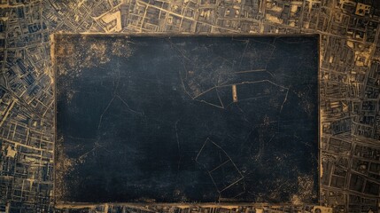 Rustic map poster on blackboard highlights an old town, creating a nostalgic atmosphere. The rustic map poster adds charm and character, perfect for artistic displays with ample copy space.