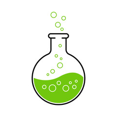 Chemical experiment icon with bubbling green potion in flask