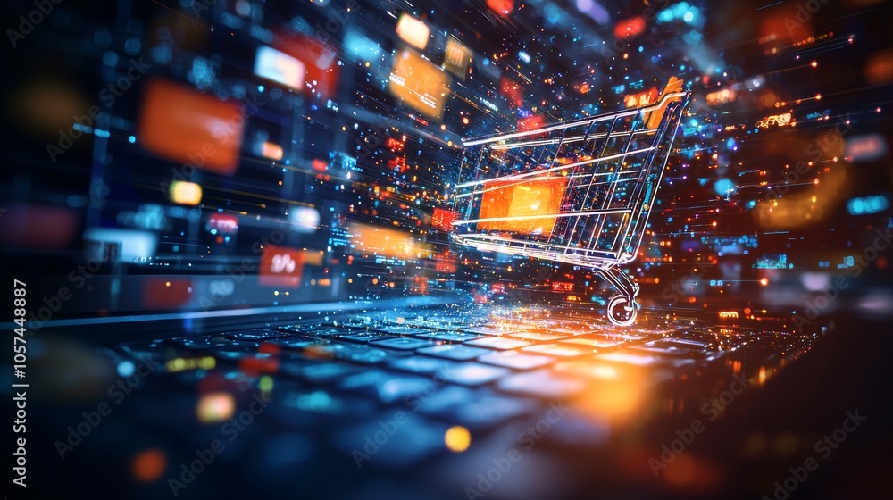 Poster digital shopping cart with virtual items on a futuristic interface