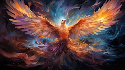 A vibrant phoenix rising amidst colorful flames and swirling smoke.