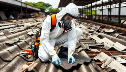 Worker in Protective Suit Removing Asbestos Tiles from Industrial Roof. ensuring safety and environmental compliance – Generative AI