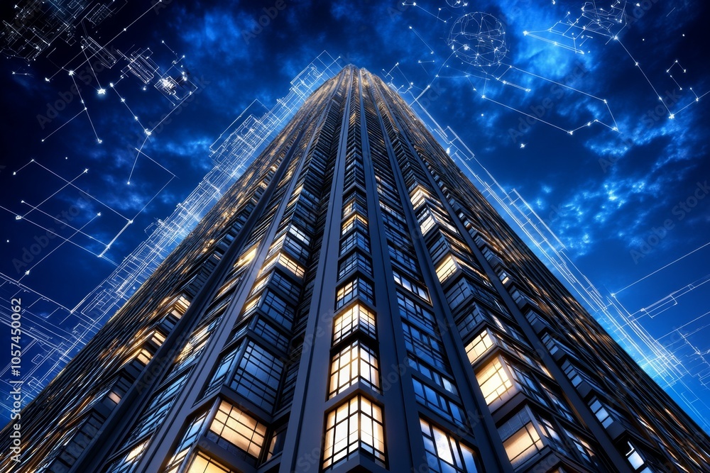 Poster cyberpunk-inspired blueprint of a high-tech skyscraper with neon grid lines, futuristic icons, and h