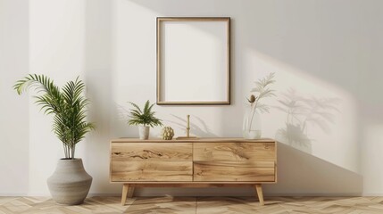 Simplistic design of living room with mockup frame on wooden commode.