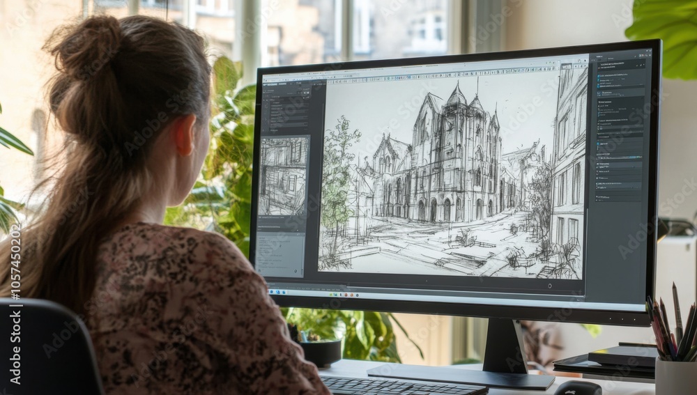 Poster A woman is drawing on a computer screen, depicting a medieval Gothic building. The architectural sketching software is open and visible in the background on her monitor.