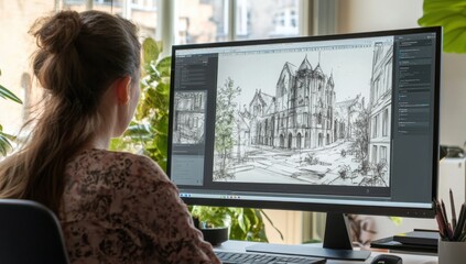 A woman is drawing on a computer screen, depicting a medieval Gothic building. The architectural sketching software is open and visible in the background on her monitor.