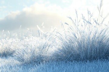 Winter background  morning frost on the grass with copy space