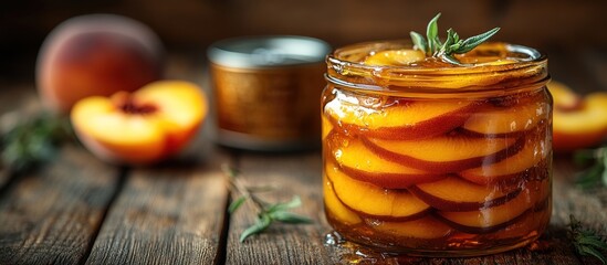 A jar of preserved peach slices on a wooden surface, showcasing a delicious treat.
