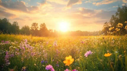 Fototapeta premium A vibrant field of wildflowers under a bright sunrise, evoking tranquility and natural beauty.