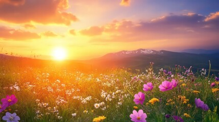 Fototapeta premium A vibrant sunset over a flower-filled meadow, showcasing nature's beauty and tranquility.