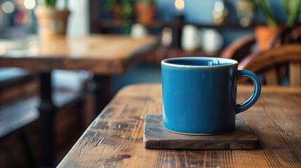 Fototapeta premium Blue mug on wooden cafe setting.