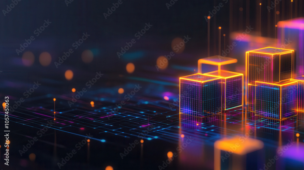 Poster digital abstract illustration featuring glowing cubes and circuit patterns, showcasing blend of tech