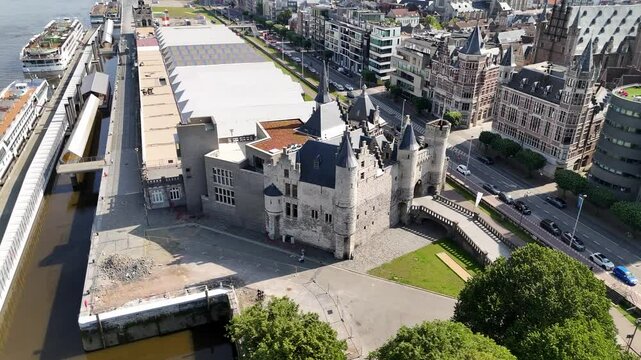 Bird's-eye view of Het Steen medieval fortress in Antwerp, Belgium