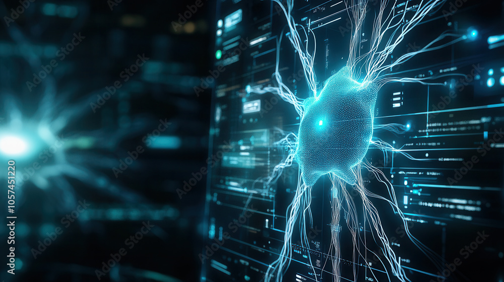 Poster digital representation of neuron with glowing connections, showcasing neural networks and technology