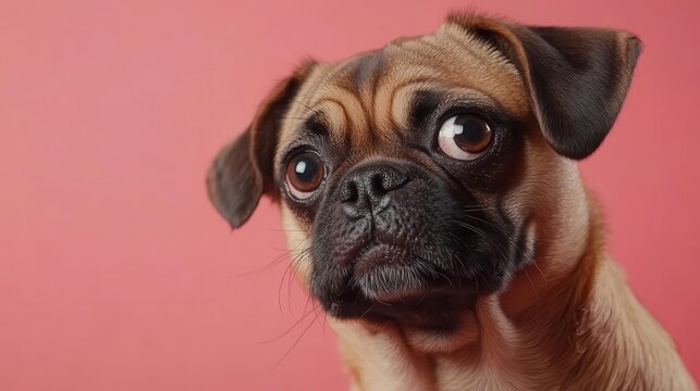 Playful pug with a wrinkly face on a solid pink background, humorous and adorable