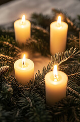 A Christmas fir branch wreath with glowing candles. Festive minimal elegant decoration