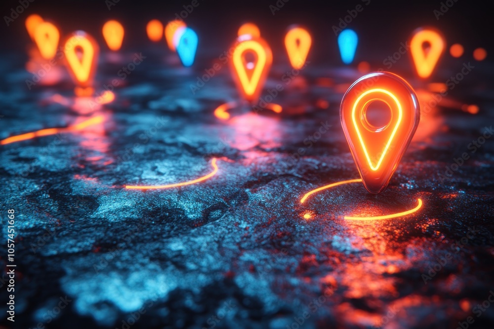 Poster neon location markers glowing on a textured surface, symbolizing navigation and mapping.