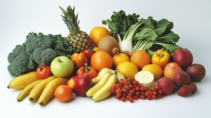 Assortment of fruits and vegetables high in vitamins on a clean kitchen surface, highlighting fresh, nutrient-packed choices.