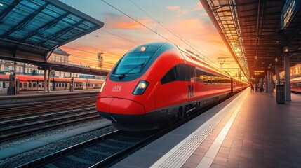 Fototapeta premium Red Train Arriving at a Railway Station at Sunset