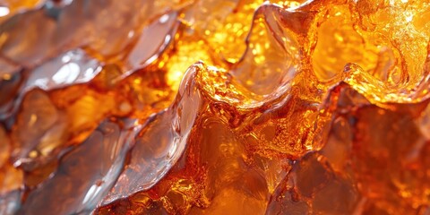 A macro lens is showcasing orange stained cellulose cascading onto a chrome surface, forming an abstract, fiery artwork with a shiny, iridescent texture that appears malleable.