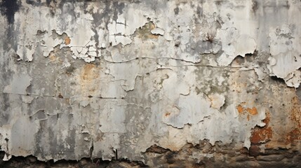 Obraz premium A weathered concrete wall with peeling paint, revealing the underlying brickwork, creating a textured and imperfect surface.