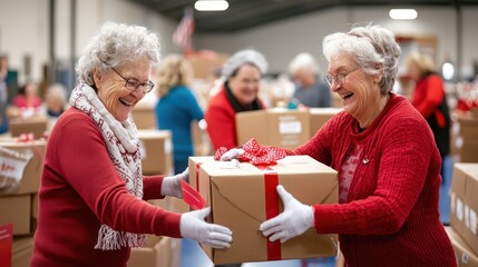 Senior Women Sharing Holiday Cheer with Gift Exchange