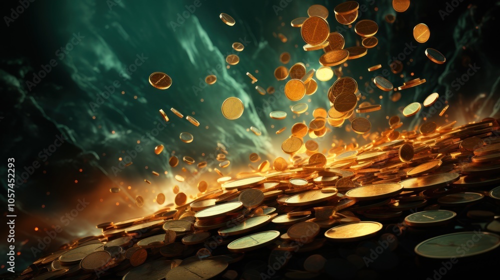 Poster a dynamic scene of floating coins creating a sense of wealth and abundance.
