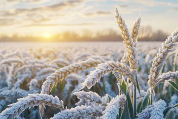 Winter wheat damaged by early spring frosts  frozen plants at sunrise.