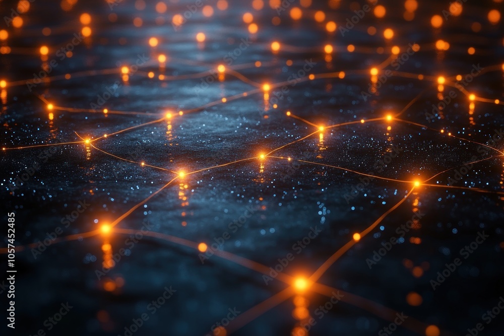 Poster a digital network representation with glowing nodes on a dark surface.