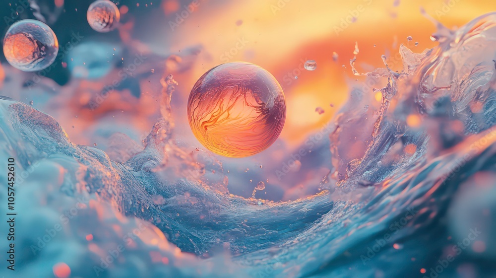 Poster A mesmerizing abstract scene of water droplets and bubbles in dynamic motion.