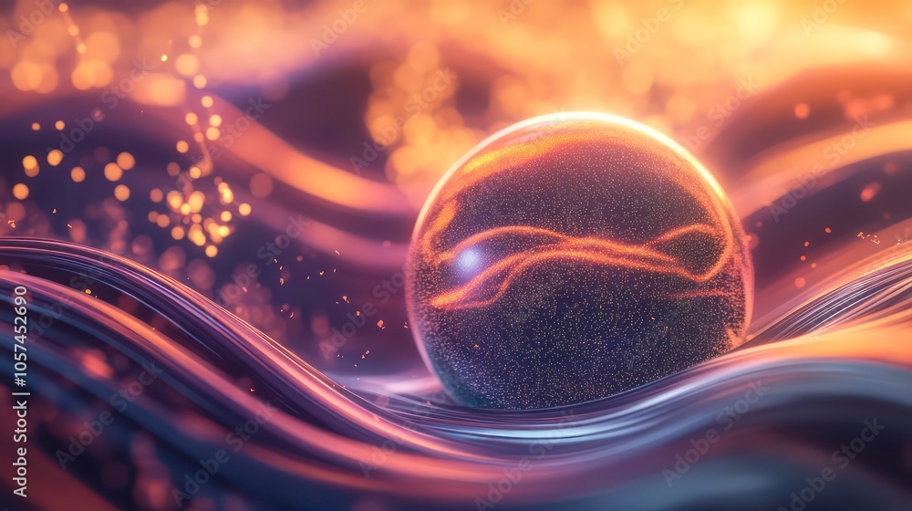 Poster a glowing orb amidst flowing waves, creating a mesmerizing, ethereal atmosphere.
