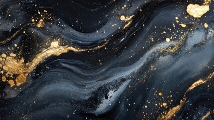 Black abstract marble texture enhanced with gold splashes, creating a stunning visual effect. This black marble texture offers a creative template design with space for digital elements.