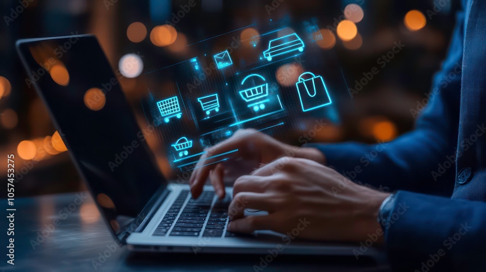 Poster A person using a laptop with digital icons representing various online activities.