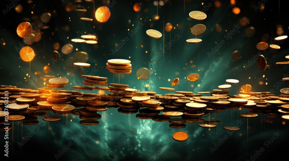 Poster a mesmerizing display of floating coins against a mystical background.