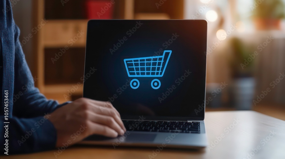 Poster this concept shows a businessman using a laptop with a virtual screen of an online shopping icon. th