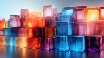 A vibrant abstract design featuring a geometric pattern of stacked and interlocked colorful glass cubes, reflecting light and casting shadows.