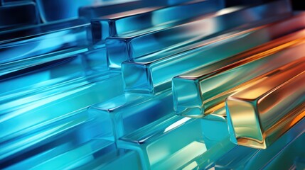 Abstract arrangement of colorful glass tubes reflecting light.