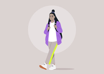 Sporting vibrant clothes and a chic backpack, a young character strolls through a soft pastel backdrop, capturing the essence of modern streetwear and youthful enthusiasm
