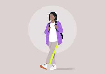 Sporting vibrant clothes and a chic backpack, a young character strolls through a soft pastel backdrop, capturing the essence of modern streetwear and youthful enthusiasm