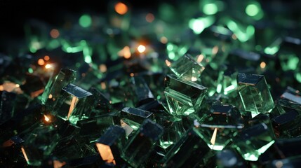 A shimmering field of emerald green crystals, illuminated by warm light, creating an ethereal and alluring visual