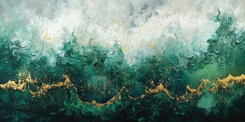 Acrylic Fluid Art A Long Composition Featuring Cascading Waves of Jungle Green, Shimmering Gold, and Crisp White Tones Throughout the Artwork.