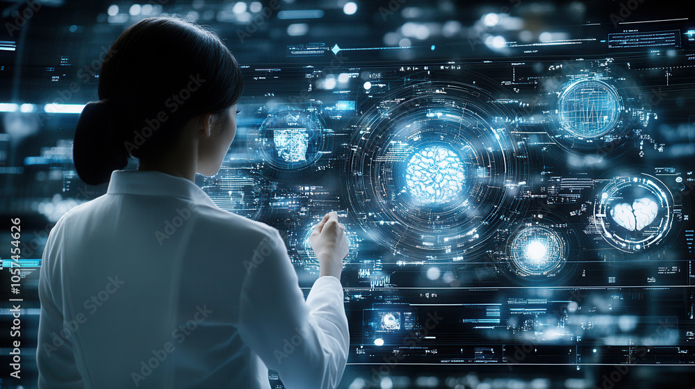 Poster woman in lab coat interacts with futuristic digital interface displaying brain data and analytics, s