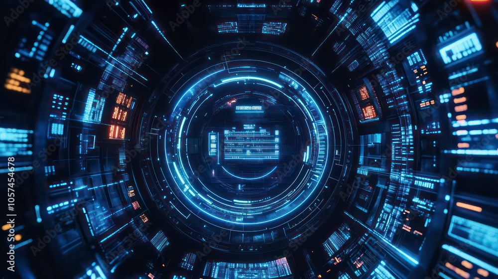 Fototapete A futuristic digital interface with glowing elements, resembling a high-tech data hub.