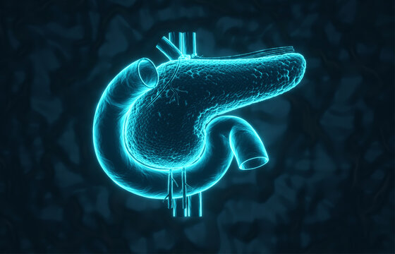 Glowing pancreas on dark blue background. X-ray hologram. 3d-rendering