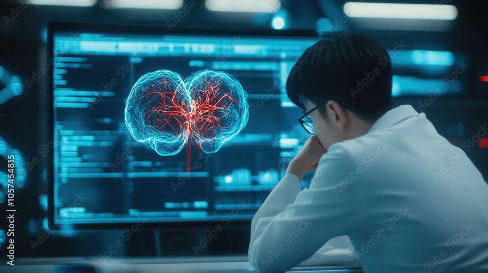 Poster doctor analyzing brain activity on futuristic screen in lab. scene conveys sense of deep concentrati