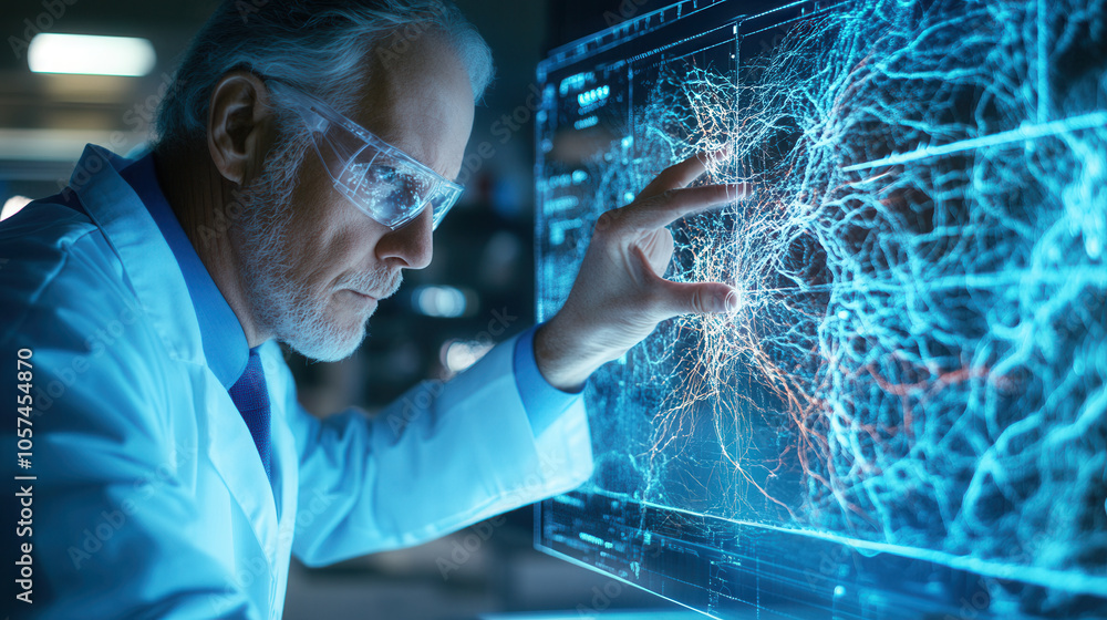 Aufkleber innovative scientist analyzing complex data on futuristic interface, showcasing advanced technology 
