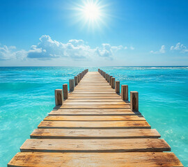 A wooden pier is in front of a beautiful blue ocean. The sky is cloudy, but the water is calm and clear.