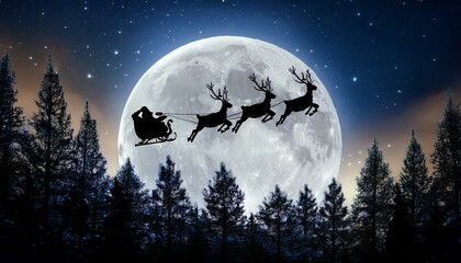 A silhouette of reindeer flying with Santa Claus in a sleigh against a full moon and starry sky over a forest of pine trees 