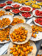 Peppers, various types and colors, viewed from above, for sale at an open-air market in Brazil.